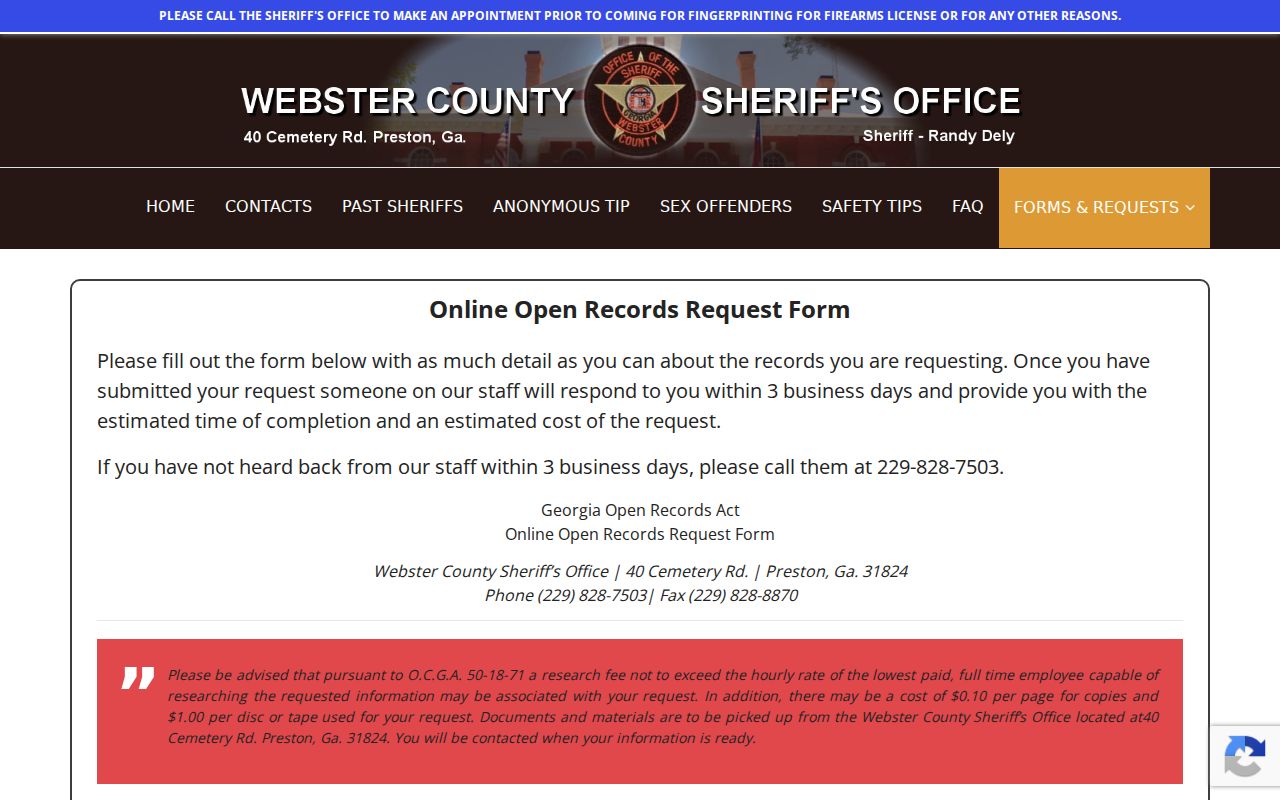 Webster County warrant records request form
